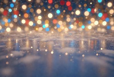 The primary subject of the image is a snowy surface with a blue background. The setting appears to be a winter landscape, possibly a snowy beach. The visual style of the image is a digital art or illustration, as it features a pattern of lights and a blue sky. The colors and mood of the image are predominantly blue and cold, creating a serene and tranquil atmosphere.